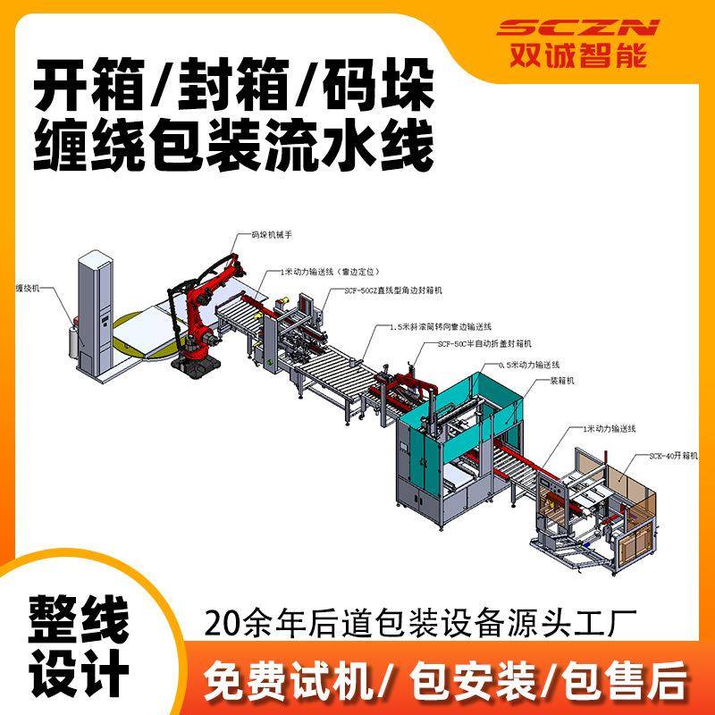 自动开箱装箱封箱包装流水线后道码垛机械手托盘缠绕包装机