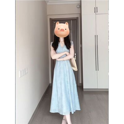 韩系小个子蓝色缕空连衣