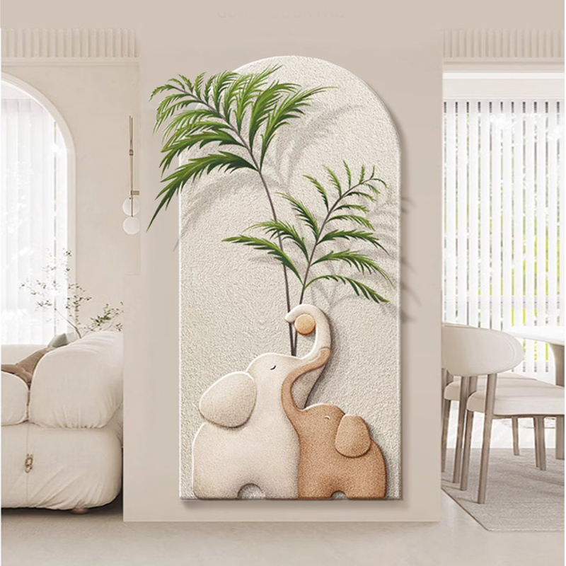 奶油风侘寂风大象仿真绿植玄关装饰画砂岩立体入户走廊壁挂画法式图片