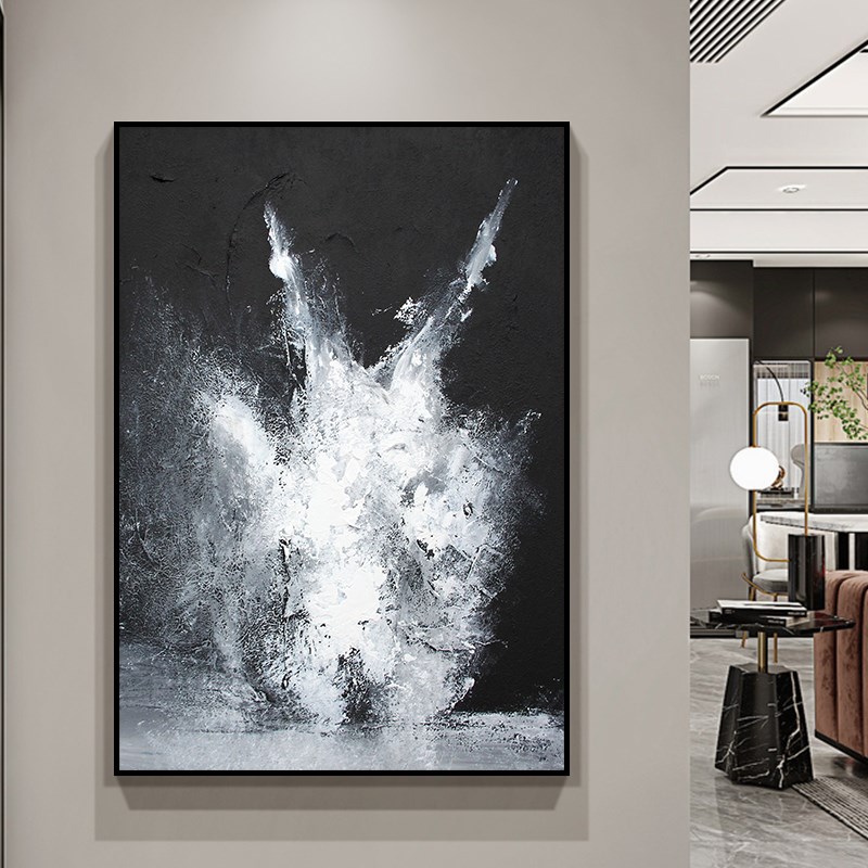 纯手绘定制油画客厅背景墙现代简约黑白落雪抽象画轻奢立体装饰画图片