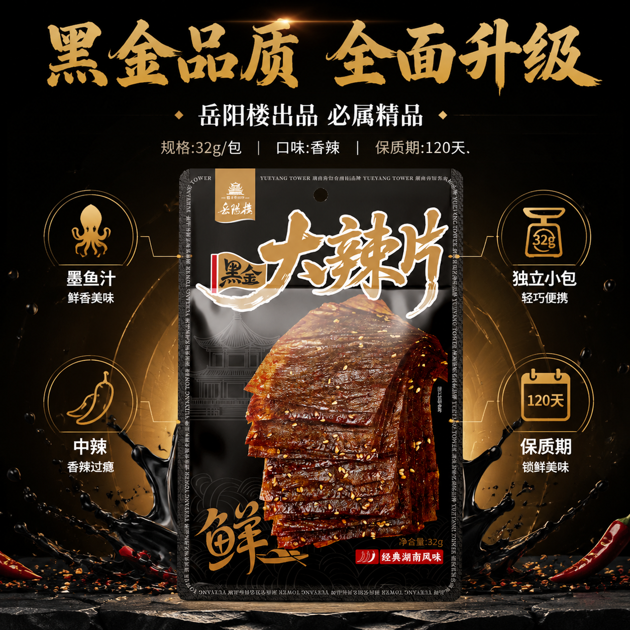 岳阳楼黑金大辣片香辣老式零食麻辣手撕特辣豆皮平江辣条豆卷