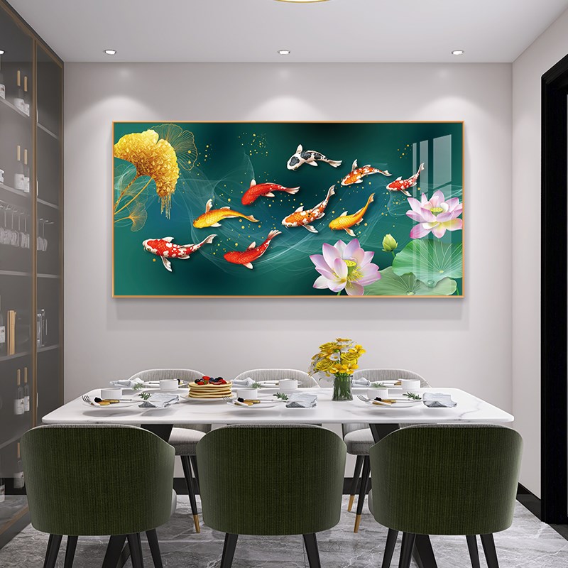 餐厅墙面装饰画歺厅客厅背景墙挂画饭厅餐桌轻奢高级感九鱼图壁画图片