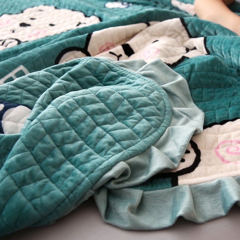 韩国双面一面绒一面棉水晶绒床盖单件盖毯法兰绒绗缝厚床单夹棉的
