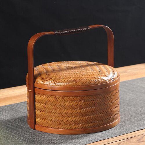 手工竹编大漆提篮圆形带盖桌面收纳筐复古中式水果点心篮竹篮