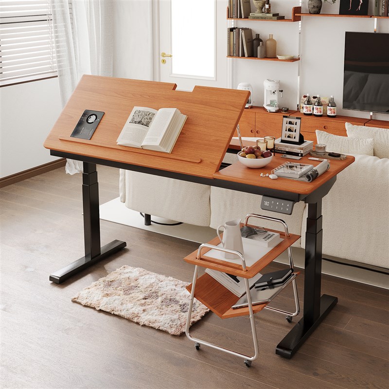 电动升降桌实木办公电脑桌小户型可倾斜书桌儿童学习桌家用书法桌