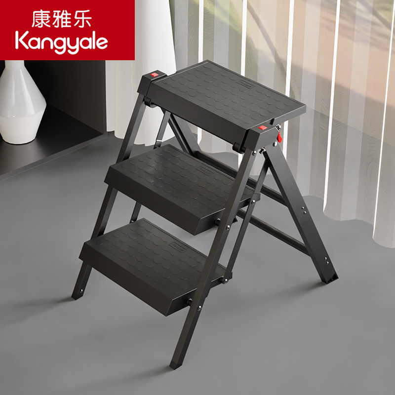 康雅乐多功能折叠梯小型便携三步梯子加厚铝合金室内黑色伸缩楼梯