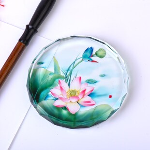 荷花水晶镇纸压书器文房四宝创意中国风书法透明玻璃纸镇圆片摆件
