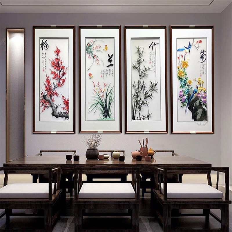 新中式刺绣春夏秋冬客厅餐厅挂画梅兰竹菊装饰画四联壁画成品苏绣图片
