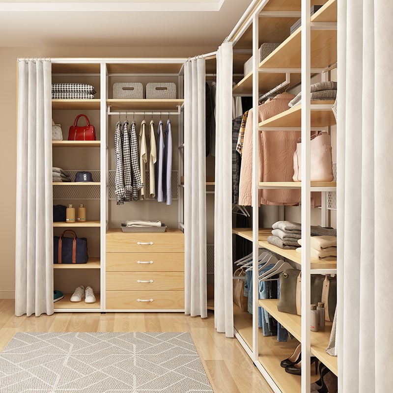 开放式衣柜步入式k衣帽间金属衣架卧室落地收纳铁艺挂衣架实木带