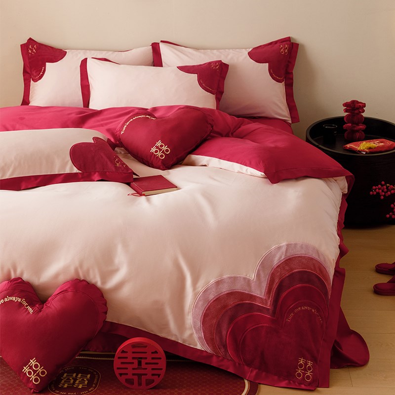 怦然心动红色喜庆结婚套件全棉长绒棉简约刺绣婚庆床品四件套