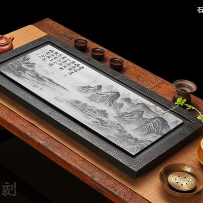 天然石材乌金石茶盘  简约创意石茶盘 大小茶海 影雕石茶盘
