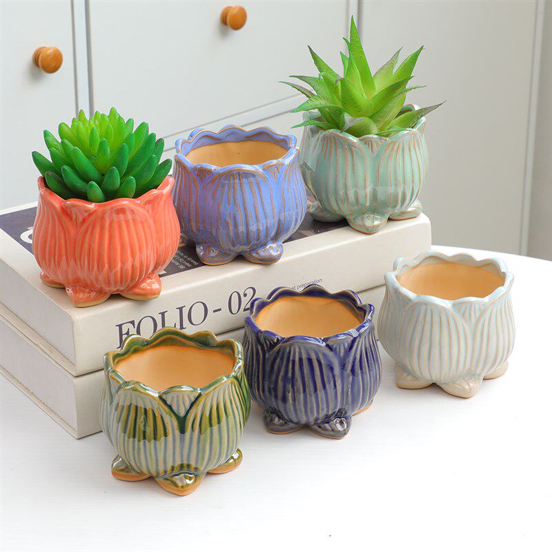 荷花多肉花盆陶瓷粗陶小花盆栽莲花盆景带脚盆栽小号荷塘园艺