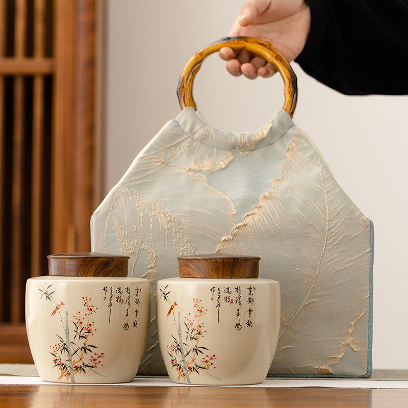 手绘陶瓷罐布艺包茶叶包装盒绿茶红茶白毫银针茶叶罐