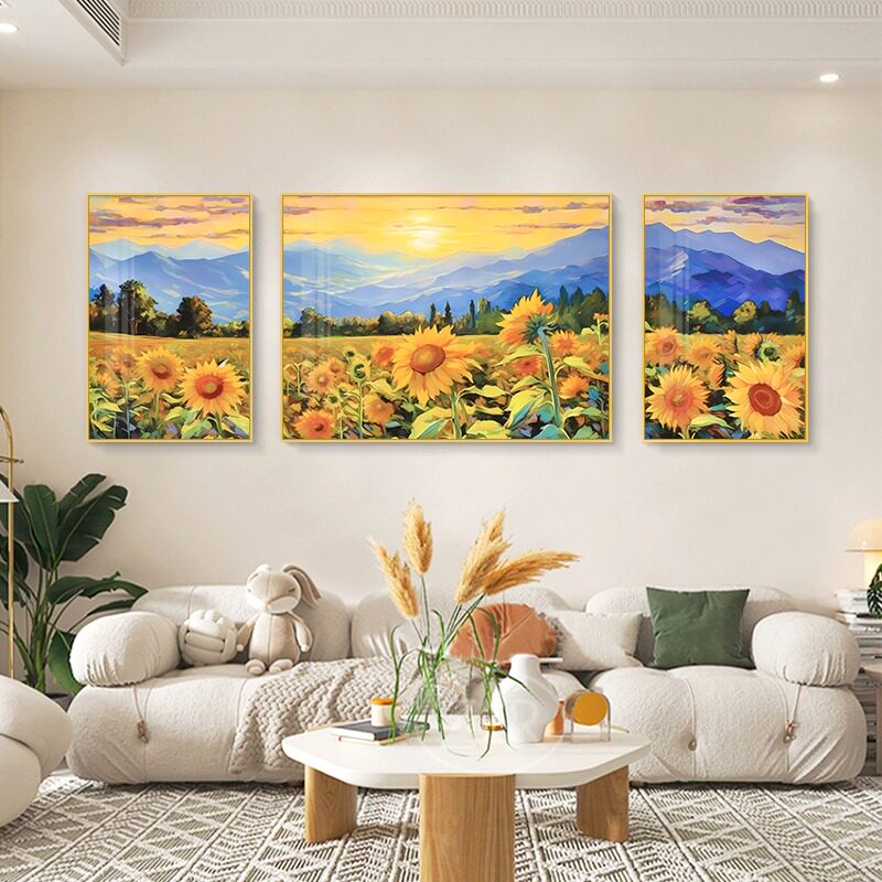 向日葵画风景画背景墙三联画挂画现代简约壁画