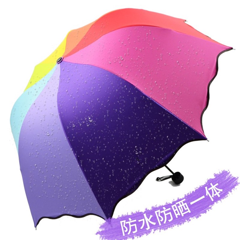 彩虹伞黑胶太阳伞女晒遮阳伞折叠韩国拱形公主伞蘑菇伞