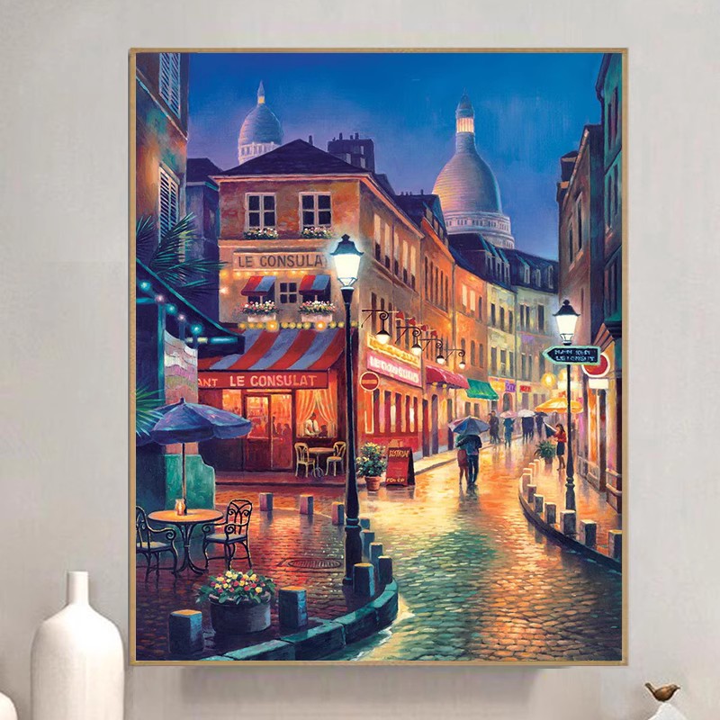 欧洲油画风景钻石画新手工点钻石十字绣夜景满钻石