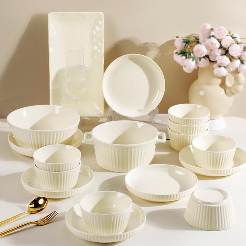 碗碟装奶白色日式风格餐具装双耳汤碗饭碗菜盘