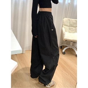 美式黑色工装裤女酷飒风春季大码胖mm高腰垂感显瘦伞兵束脚阔腿裤