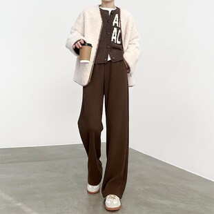 加绒棕色裤子女秋冬2024新款高级感毛呢窄版人字纹直筒咖色阔腿裤