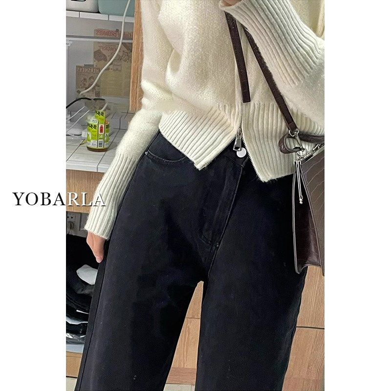 黑色直筒牛仔裤女高腰阔腿春秋大码胖mm宽松显瘦梨形身材窄版裤子