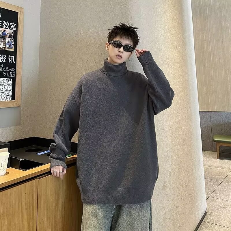黑色高领长袖毛衣男女小众宽松2024秋冬款加绒针织衫上衣内搭保暖