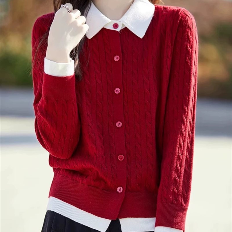 春季款针织开衫外套女娃娃领撞色假两件宽松毛衣外套宽松显瘦上衣