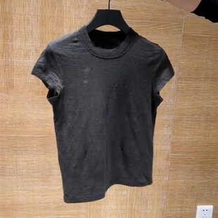 买手店黑色时尚简约圆领短袖t恤女2024夏季新款洋气修身短款上衣