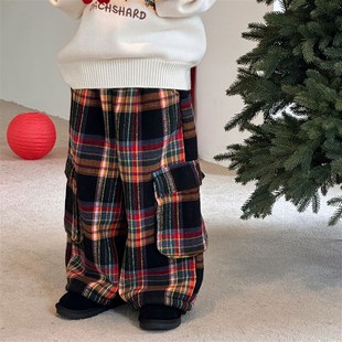 男童加绒裤子男宝宝保暖羊驼绒休闲裤儿童冬季新款加厚直筒格子裤