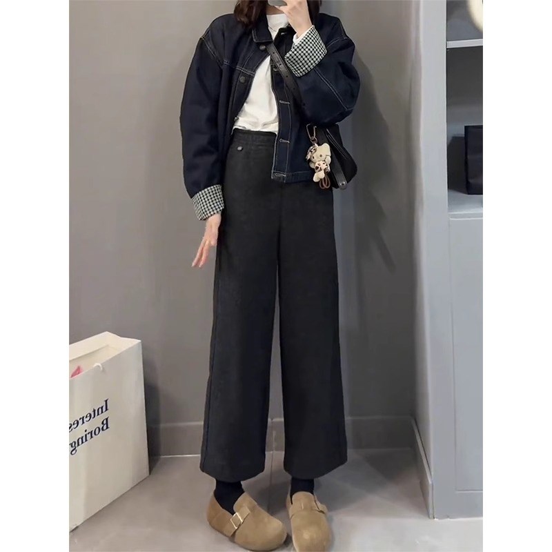 黑灰色毛呢阔腿裤女冬季新款大码梨形身材小个子加绒加厚九分裤子