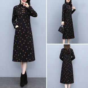 中老年冬季妈妈装改良旗袍加绒加厚连衣裙显瘦遮肚子保暖打底裙女