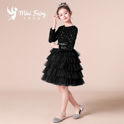 女童黑色长袖公主裙蓬蓬纱裙乐团合唱演出服钢琴比赛洋气小礼服