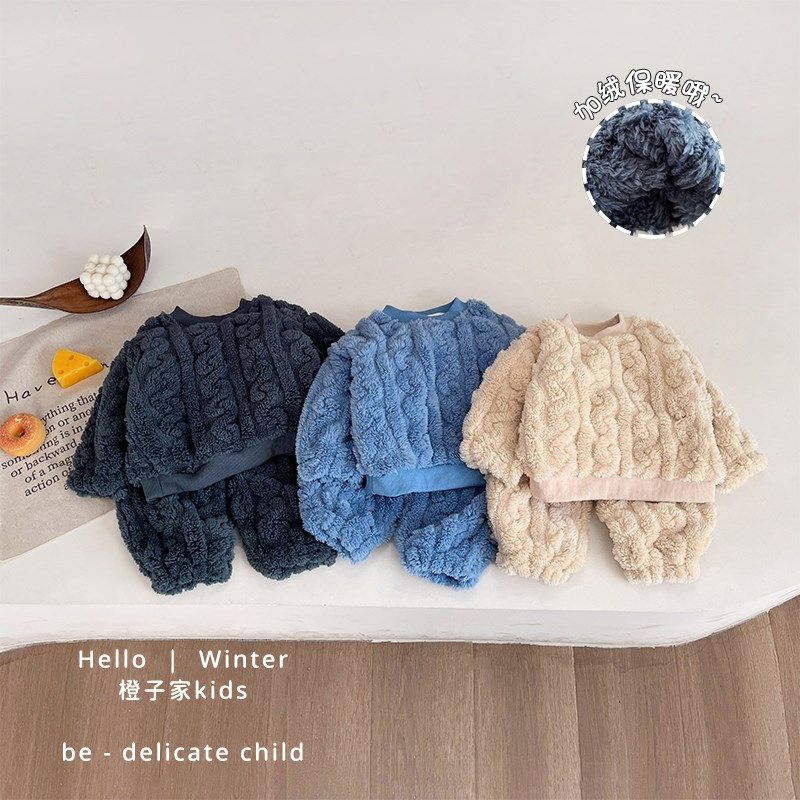 男童冬季套装婴儿超萌套头加绒家居服女宝宝可爱加厚保暖睡衣睡裤