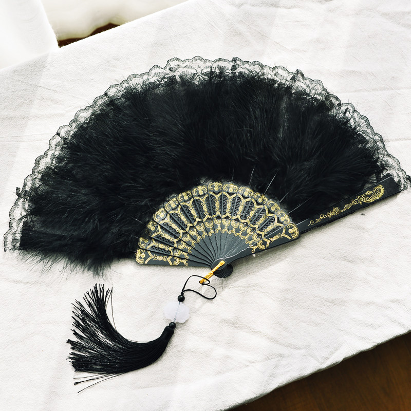 蕾丝羽毛汉服旗袍扇子折扇中国风黑色羽毛古风扇新中式舞蹈跳舞扇