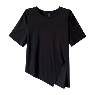 胖mm宽松显瘦棉质短袖 露肩开叉T恤加大码 新款 2023年夏装 上衣 女装