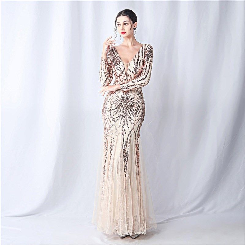 晚礼服女高级感公司年会晚会气质名媛主持人亮闪闪长袖长款连衣裙