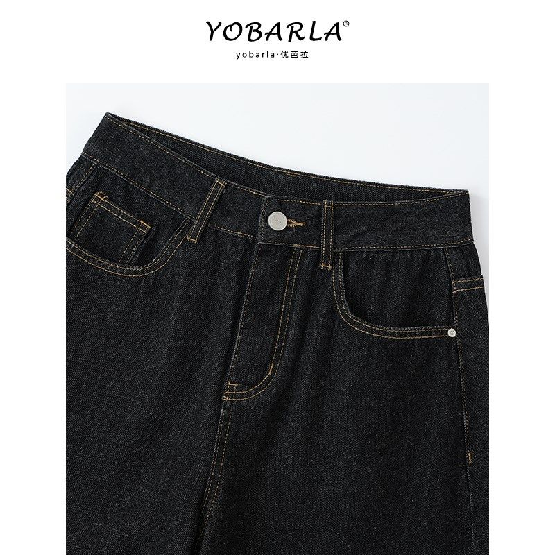 黑色复古直筒牛仔裤女秋冬加绒胖mm大码显瘦梨形身材宽松阔腿裤子