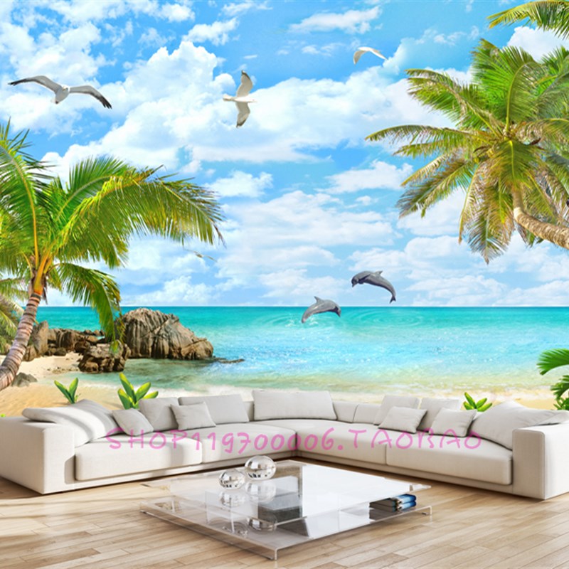 客厅唯美3d电视背景墙装饰画定制海景风景壁画森林自粘墙壁画防水
