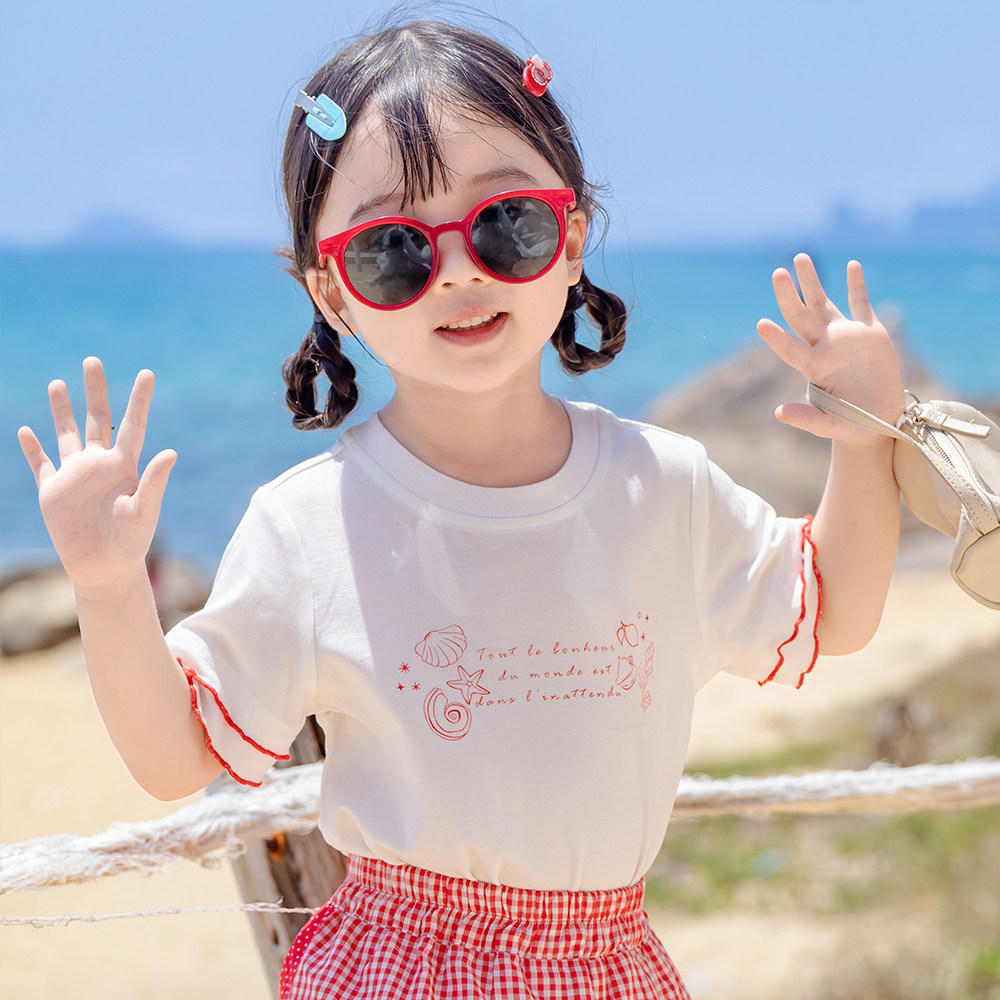 36301 bi8bo2026夏季新款女童休闲韩版宽松可爱贝壳垂感T恤
