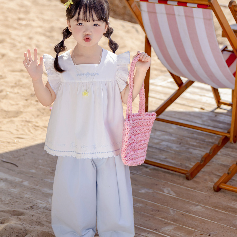 36181bi8bo2026夏季新款女童休闲宽松透气两件套绣花衬衫套装
