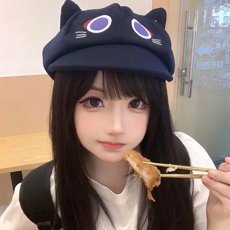 流浪者童话猫立耳八角帽女春秋季薄款甜美可爱显脸小cos贝雷帽子