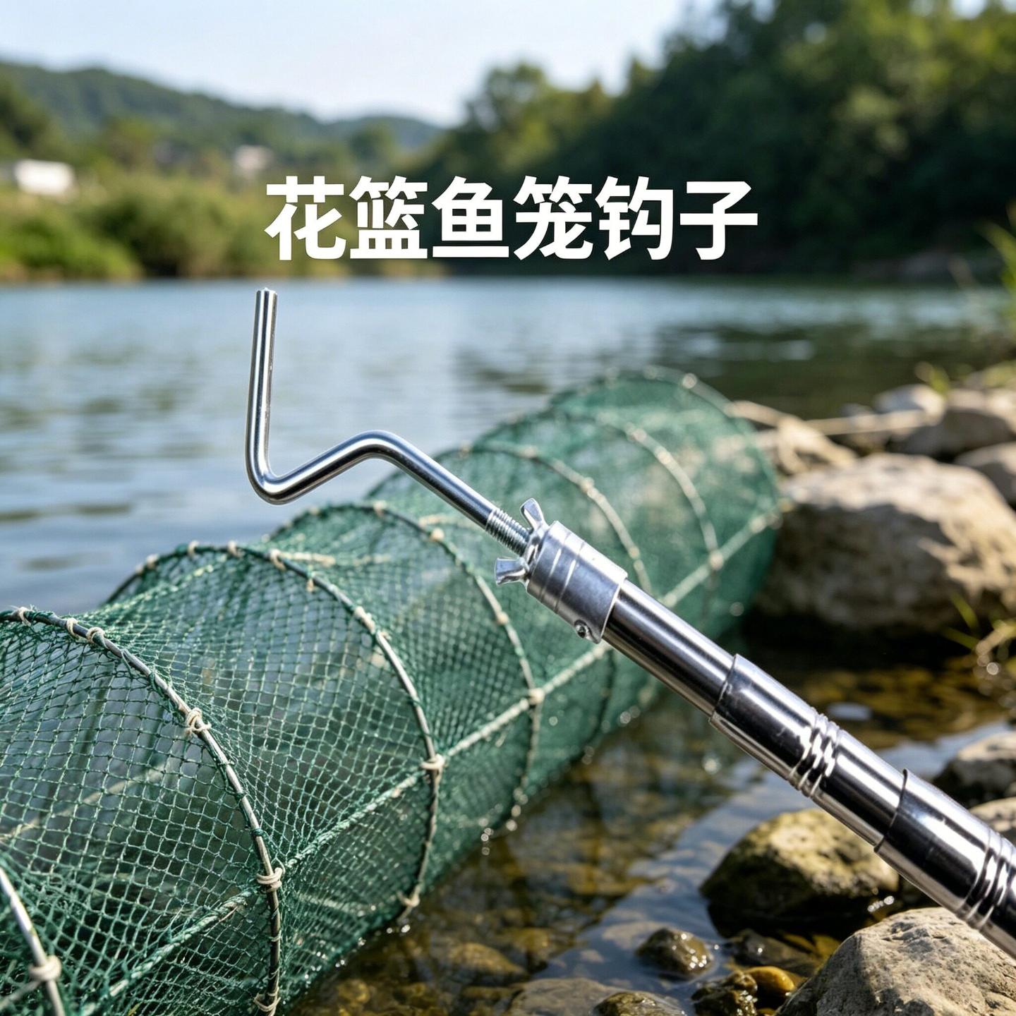 花篮鱼笼钩子起笼钩鱼网杆加厚不锈钢伸缩杆抄网杆虾笼提竿起鱼杆图片