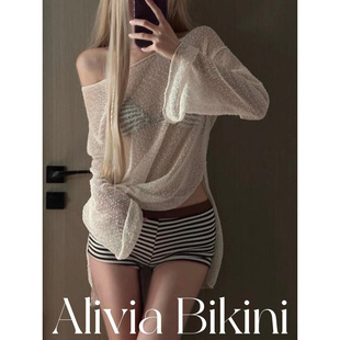 简约系遮肉显瘦温泉海边度假泳衣女 条纹比基尼带罩衫 可可慕斯