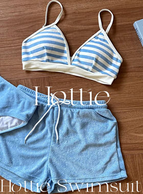 Hottie泳衣海军条纹bikini毛巾料沙滩短裤短袖沙滩温泉分体泳衣女