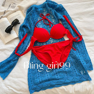 【海岛精灵】复古性感撞色蓝色针织镂空罩衫三件套钢托聚拢露背