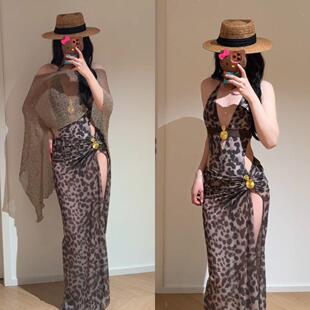 豹纹高开叉连体裙式 游泳衣女性感辣妹比基尼显瘦遮肉泡温泉度假夏