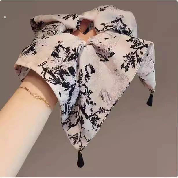 新中式覆古水墨画印花流苏方巾发圈高级感大肠圈发绳扎头皮筋头绳
