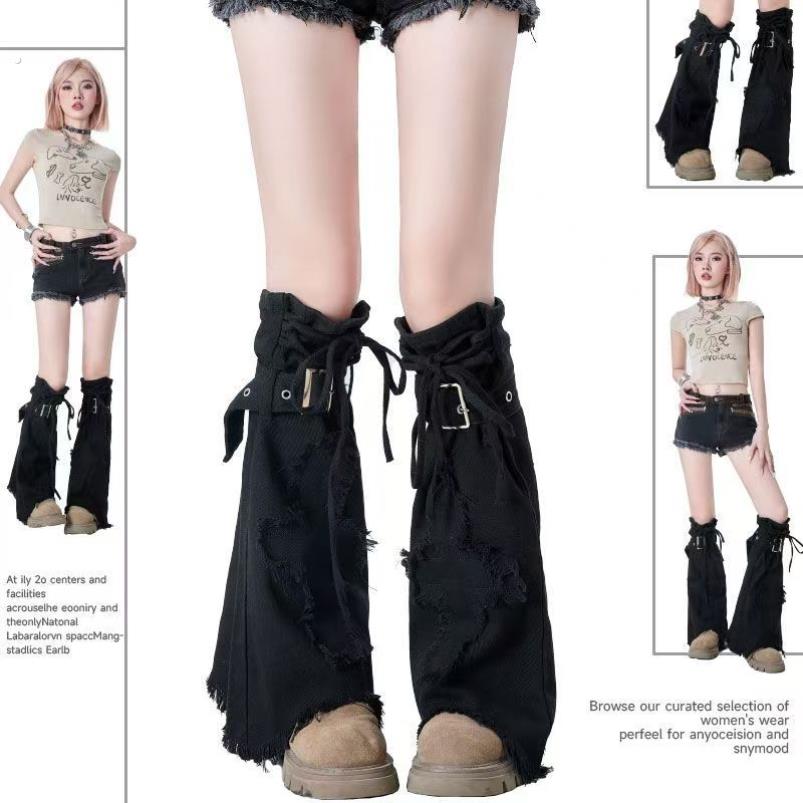 y2k黑色牛仔腿套辣妹显瘦堆堆袜抽绳十字架设计感靴套喇叭袜套潮