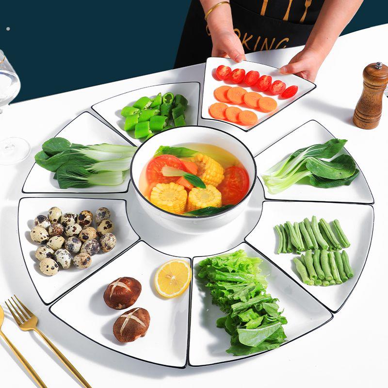 家用陶瓷碗盘子圆形扇形盘子暖菜板专用餐具套装家庭餐盘拼盘圆桌