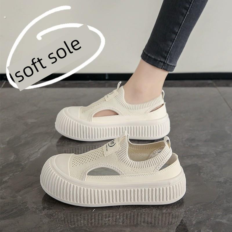 厚底凉鞋女夏季镂空2025新款透气小众休闲一脚蹬松糕运动板鞋女潮