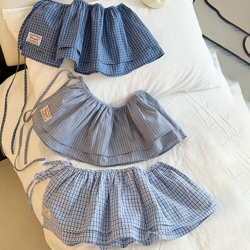 2025春季新款蓝色格子系带屁帘女韩系复古百搭一片式装饰半身裙子